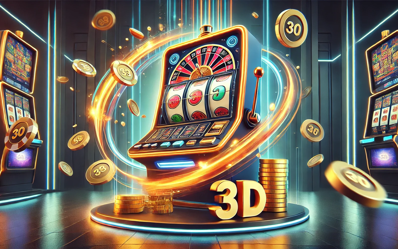 Layar slot mobile dengan reel, ikon permainan, dan panel fitur